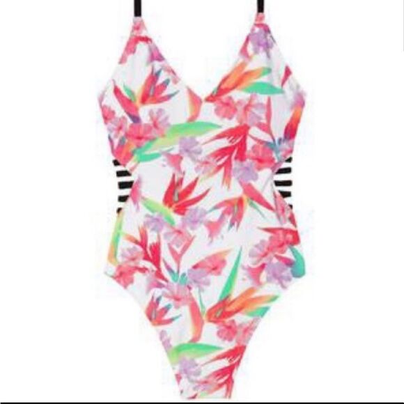 Victoria's Secret PINK Neon Pink Hibiscus Floral Print One Piece Swimsuit Size M - Picture 3 of 16